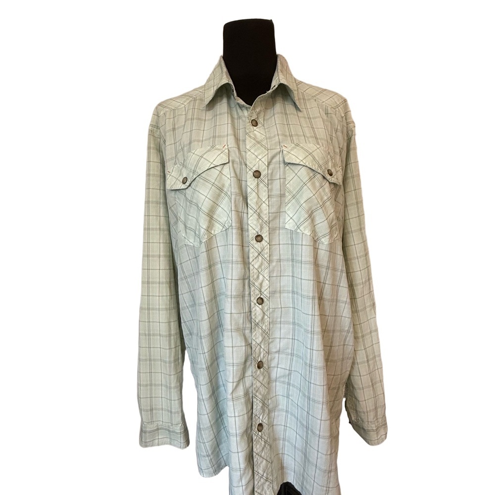 Orvis Trout Bum Mens Large Light Green Plaid Snap Button Shirt Fishing